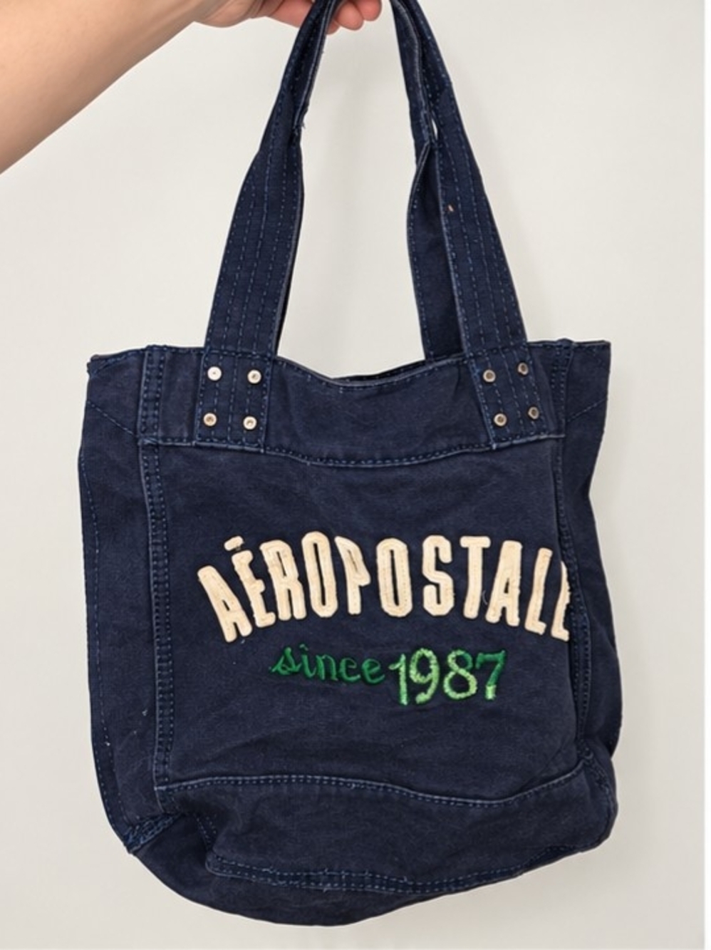 Aeropostale Navy Canvas Tote with Cream Logo and Green Embroidery Accent